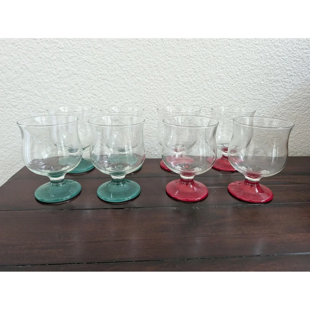 Vtg Luminarc France Colored Base Tulip Glasses Lot of 8 Red Green Pedestal Rare